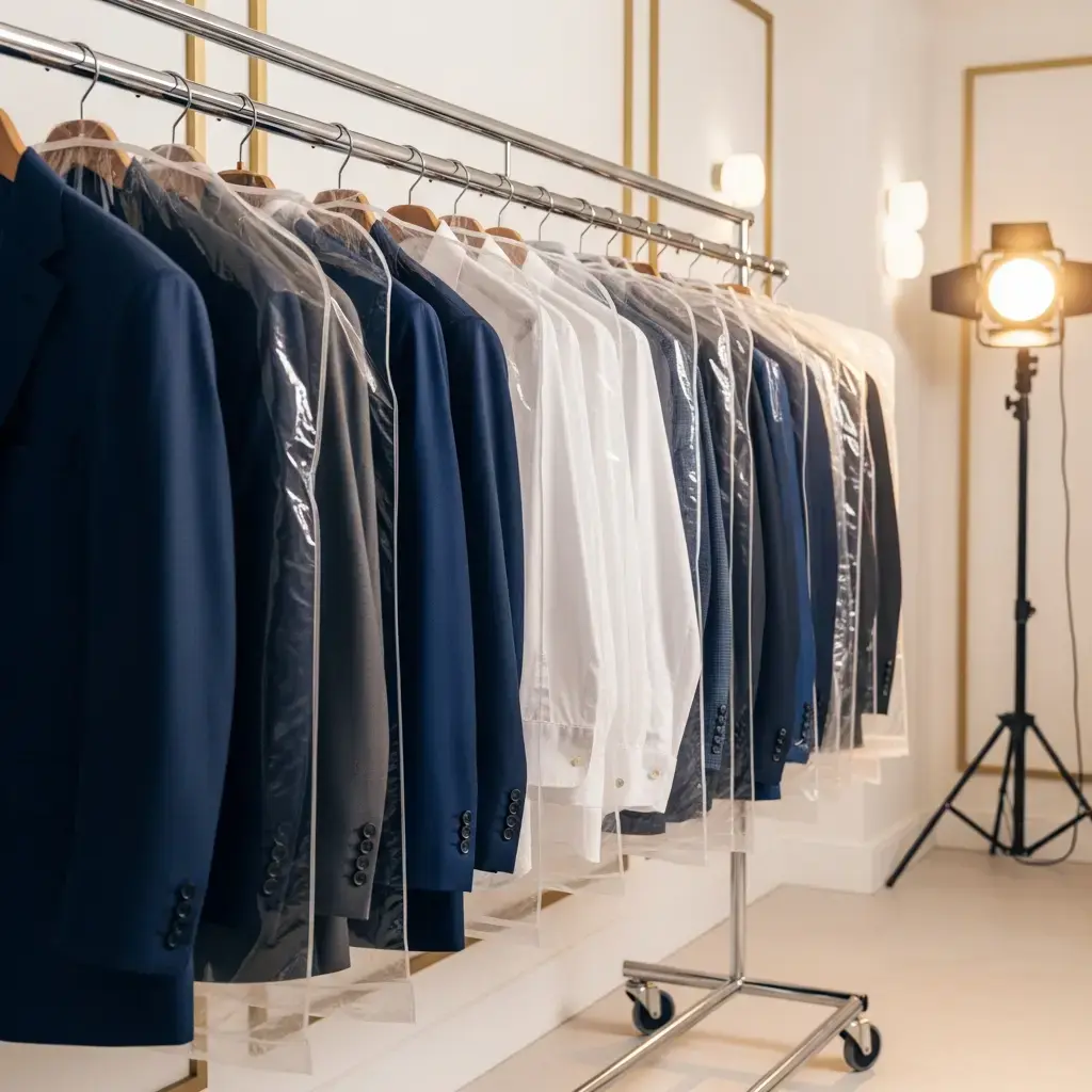 Freshly pressed business suits on rack at Baroni Cleaners