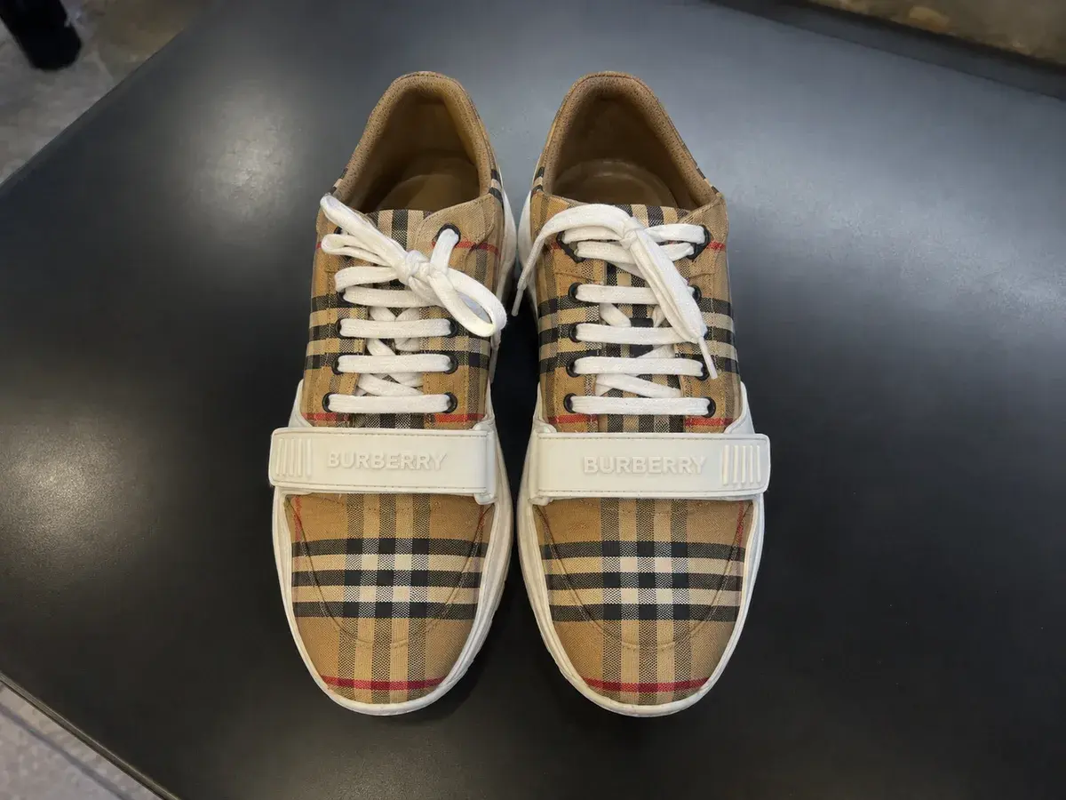 Burberry Vintage Check sneakers after professional deep cleaning, check canvas sharp and white brightened at Baroni Cleaners Irvine