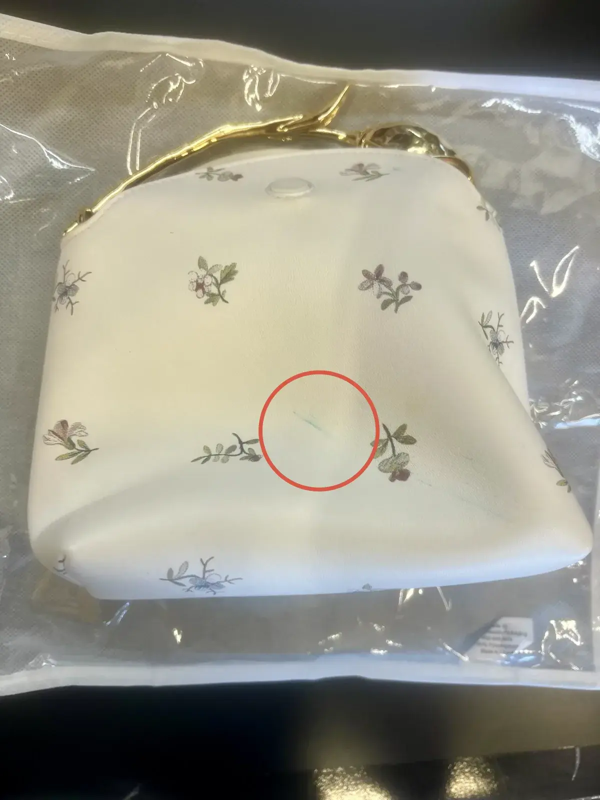 Erdem Mini Bloom tote in porcelain white leather before cleaning, blue ink marks on the front panel circled by the customer at intake