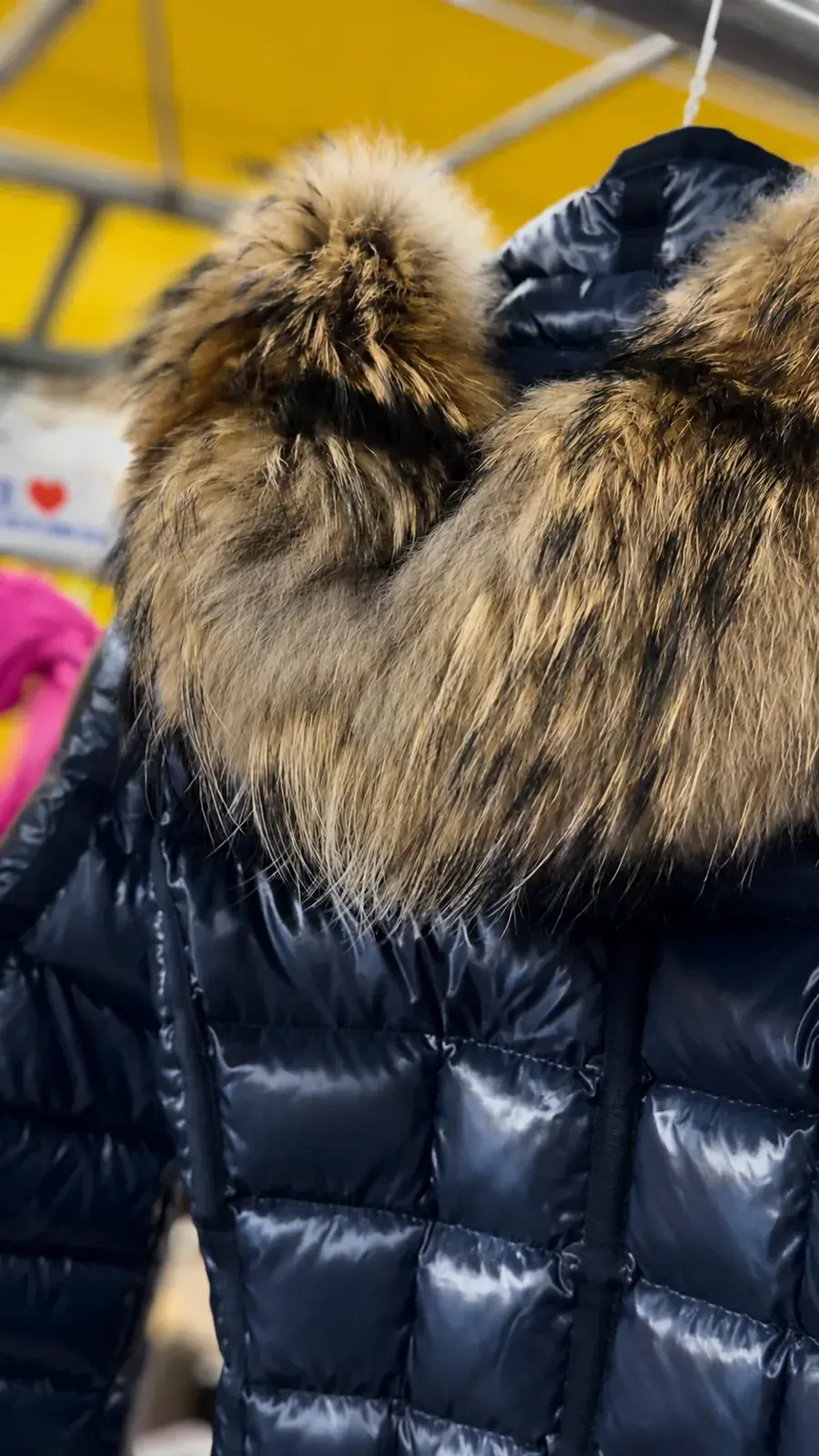 Close-up of hand-combed natural raccoon fur trim on a Moncler hood, restored to full loft
