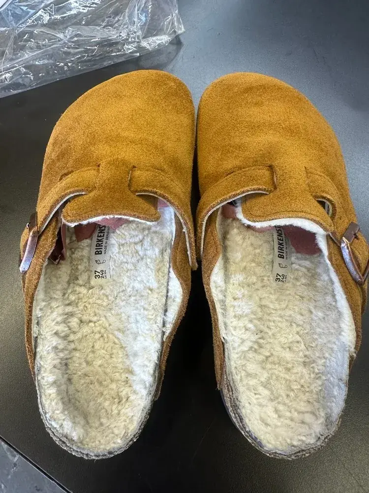 Close-up of restored suede on Birkenstock Boston clogs